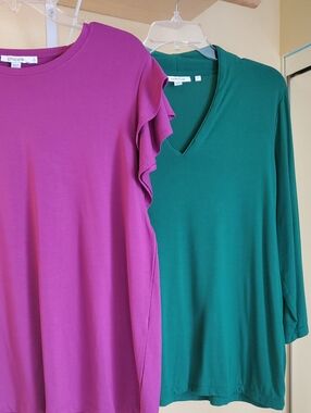 Chico's Magenta Ruffle Sleeve Top - Women's & Emerald Green Long Sleeve Top Sz L